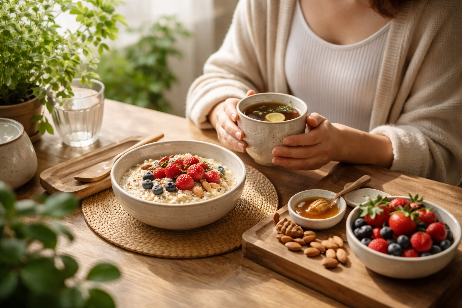 A person sitting peacefully at a simple wooden table with a wholesome meal of oatmeal, fresh berries, and herbal tea in natural morning light, surrounded by soft green plants and calm atmosphere